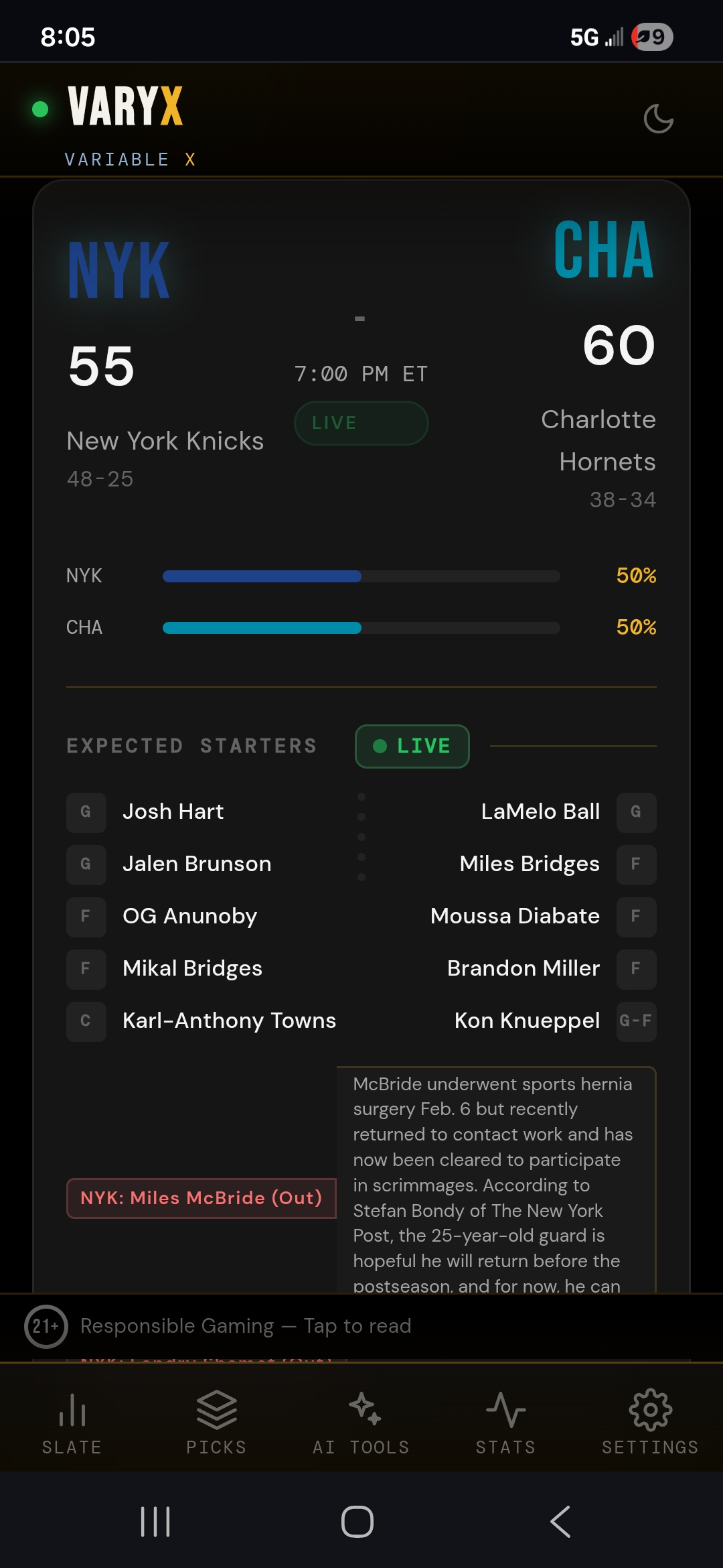 Game Detail — starters, scores, injury reports