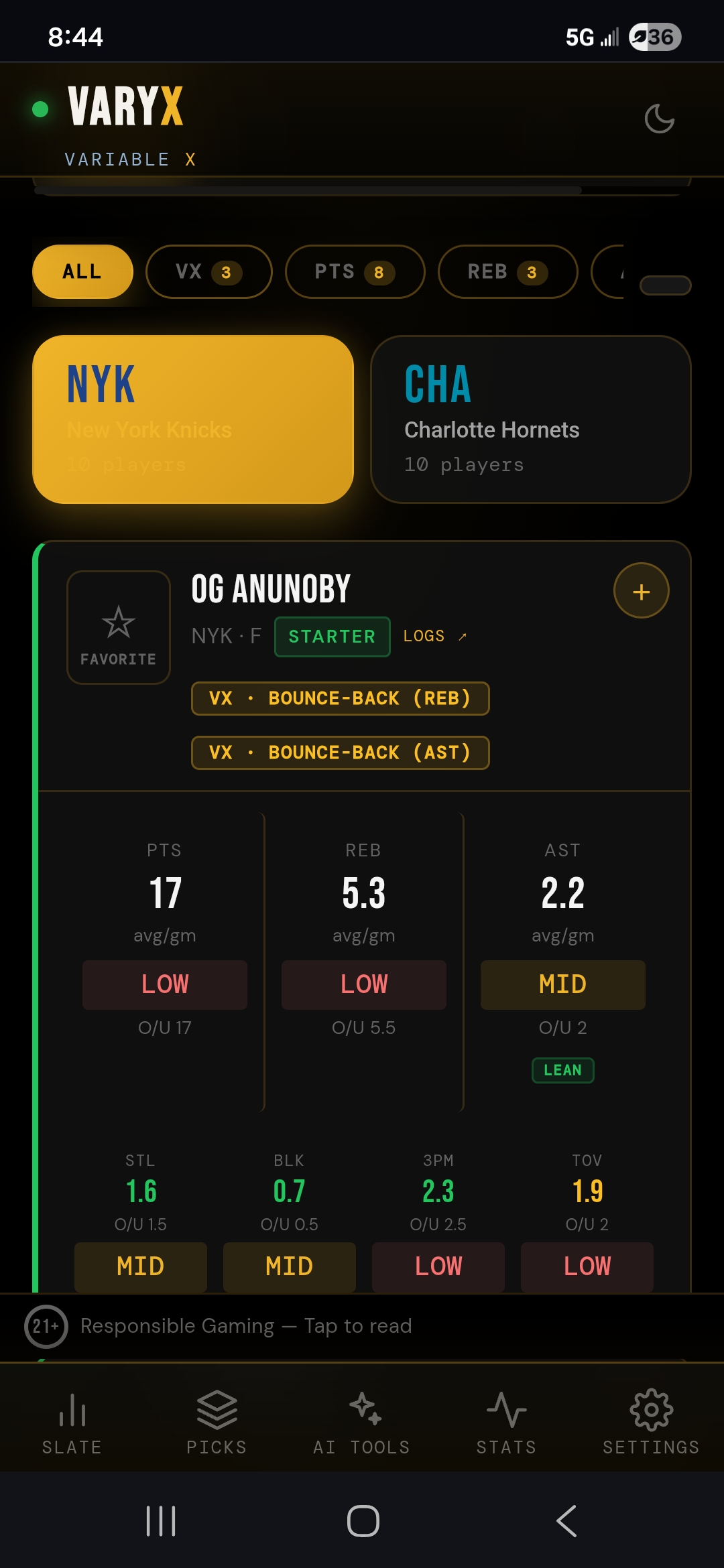 Varyx app — player props with Variable X tags