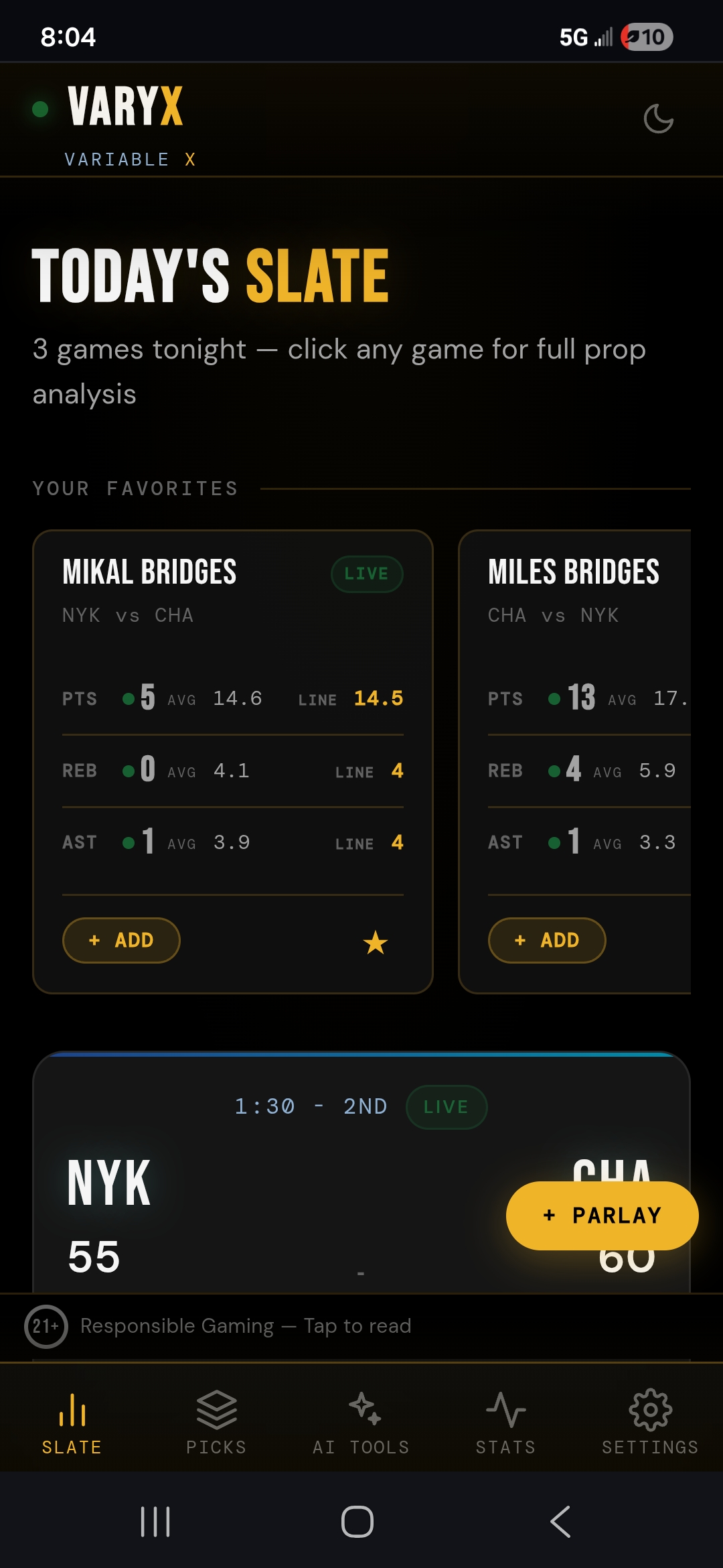 Today's Slate — live game cards with scores and favorites